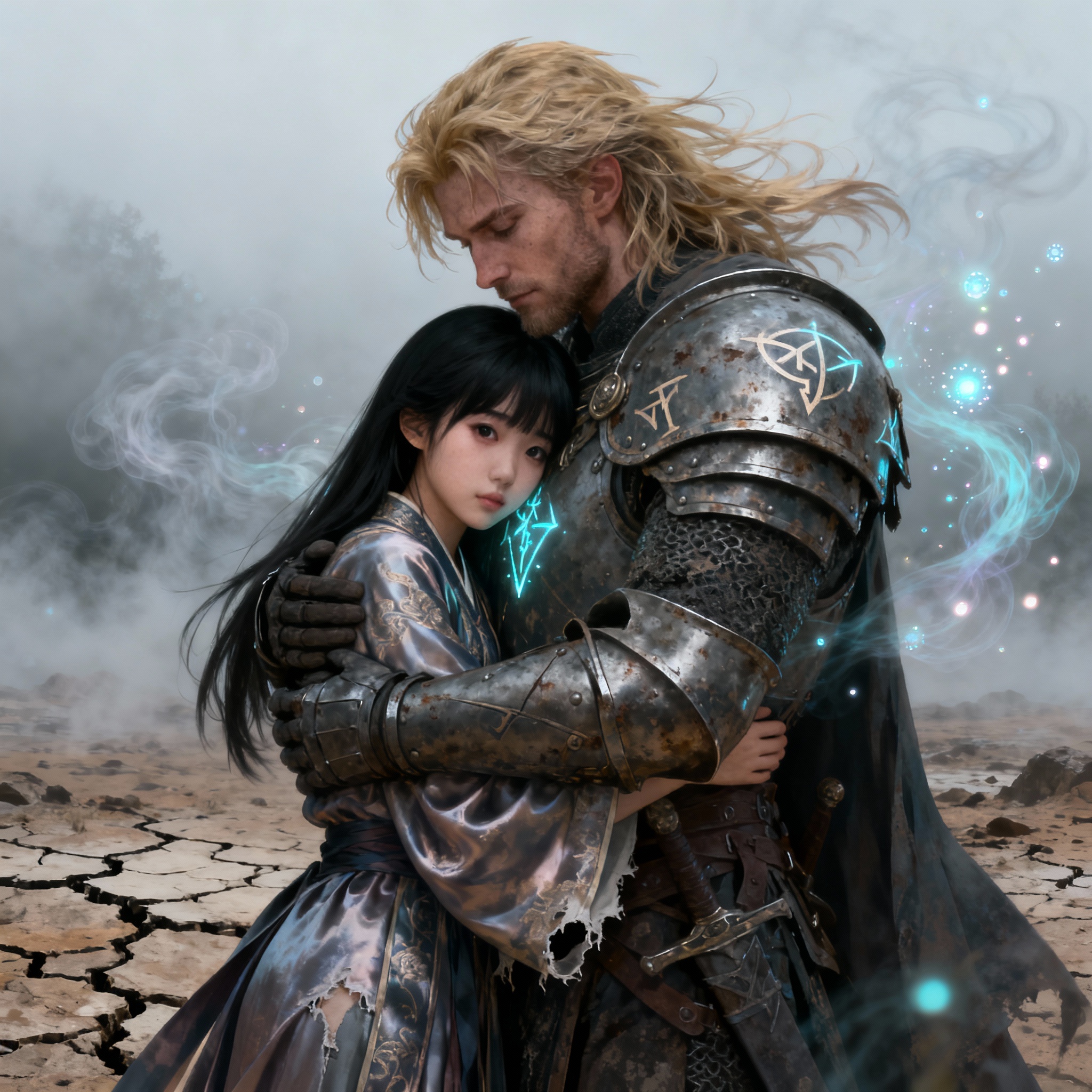 An AI generated image of a young Korean women being embraced and protected by her Nordic worrier lover.