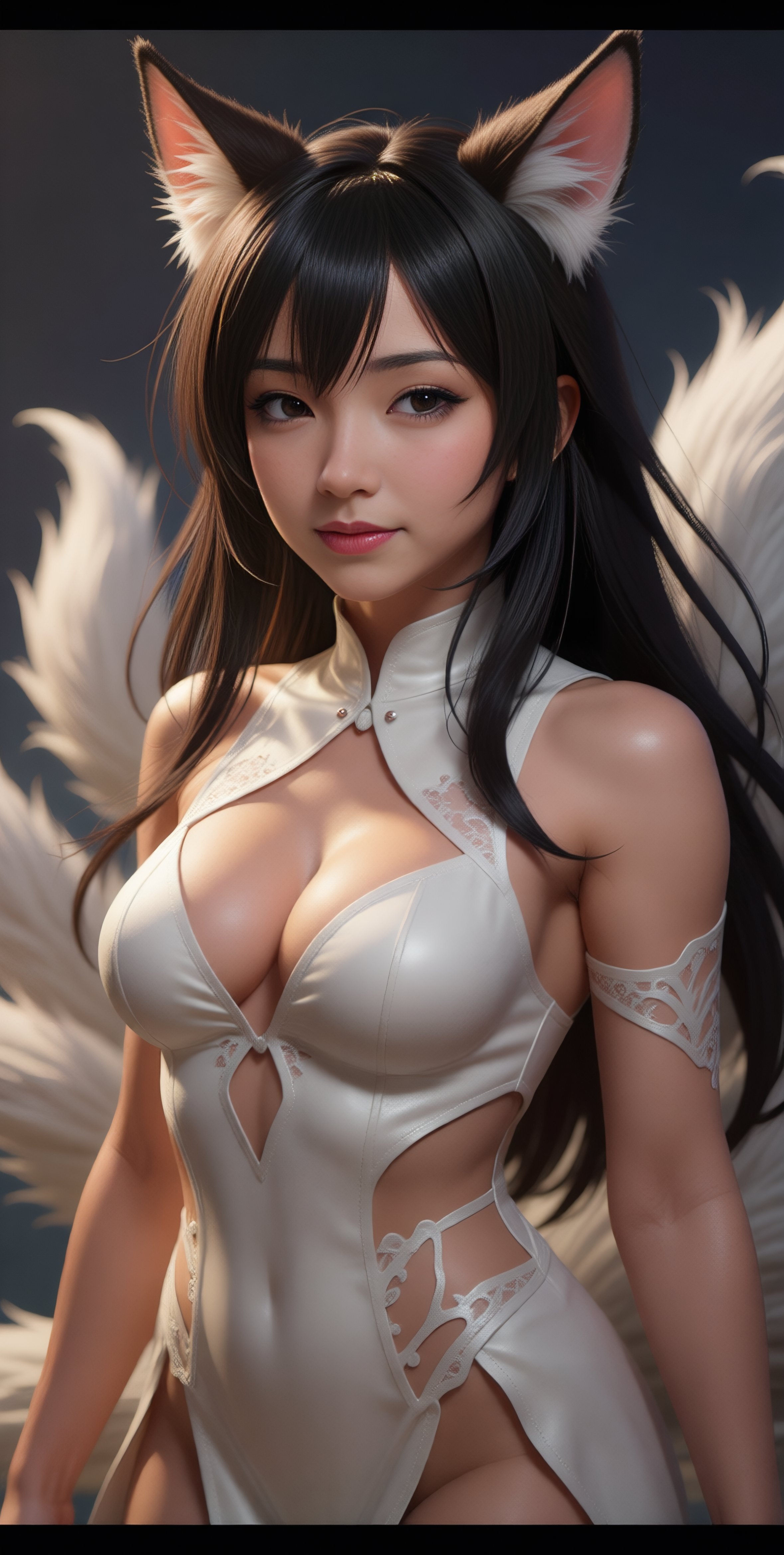 An AI generated image of the creator of the page as a Korean Kumiho which is a nine-tailed fox who transforms into a stunningly beautiful woman.