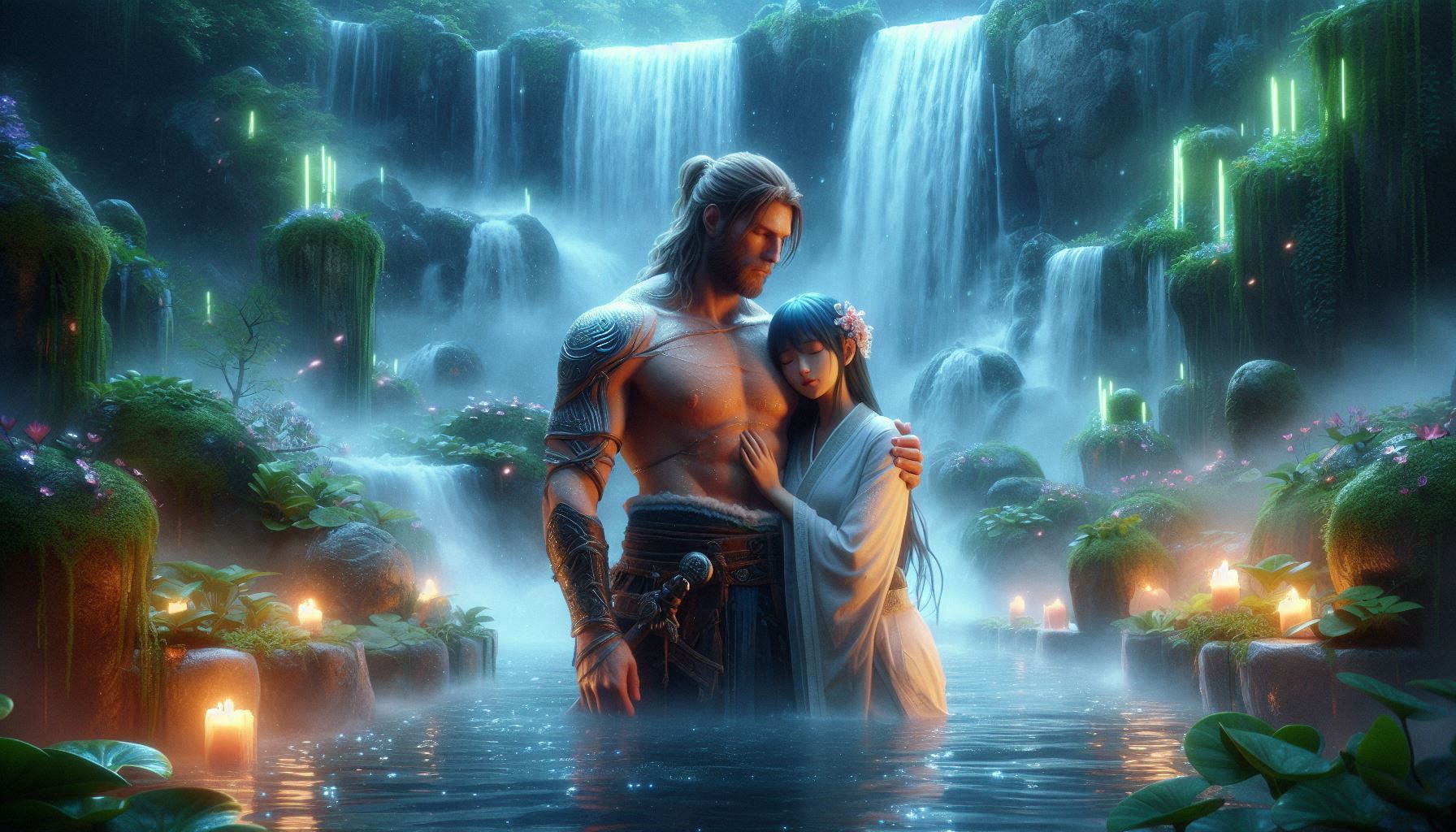 AI generated picture of a Korean women and a Nordic worrier man standing in the water holding each other.