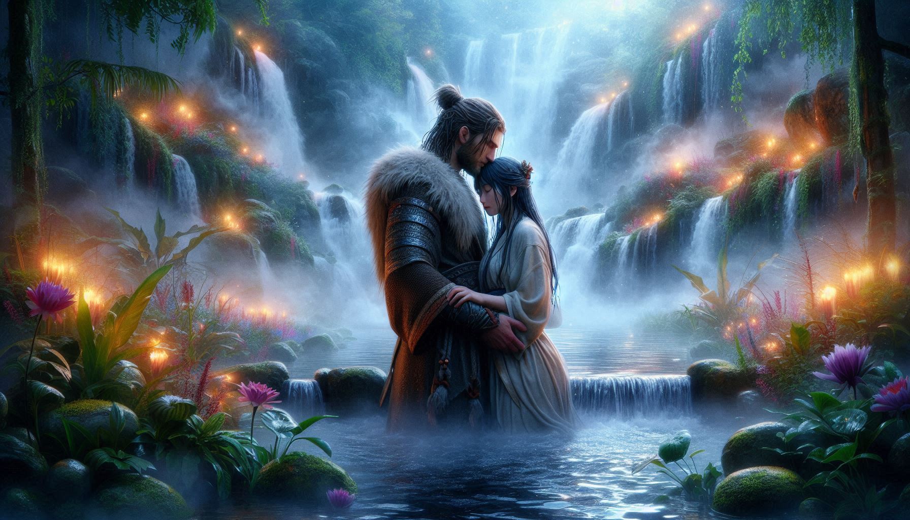 AI generated picture of a Korean women and a Nordic worrier man standing in the water holding each other.