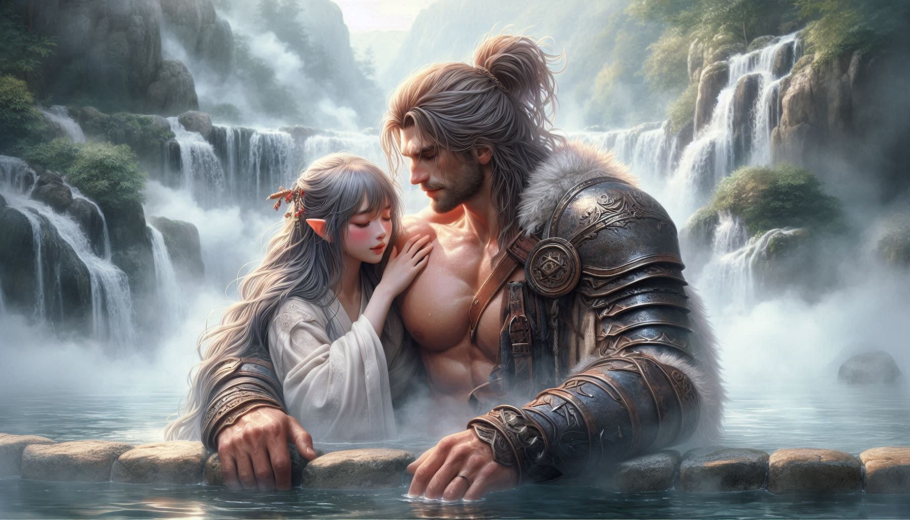 AI generated picture of a Korean women and a Nordic worrier man standing in the water holding each other.