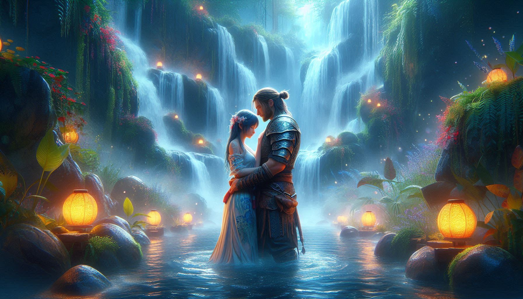 AI generated picture of a Korean women and a Nordic worrier man standing in the water holding each other.